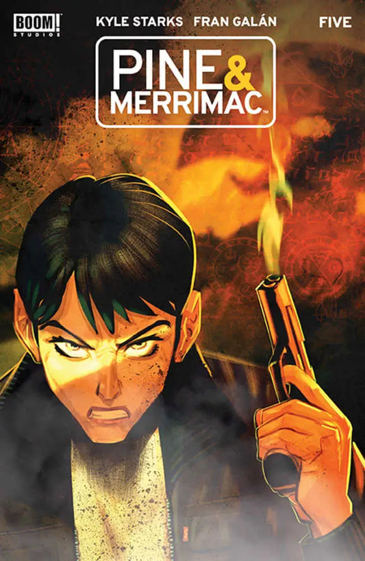Comic book cover for Pine & Merrimac showcasing a character with gun in fiery scene