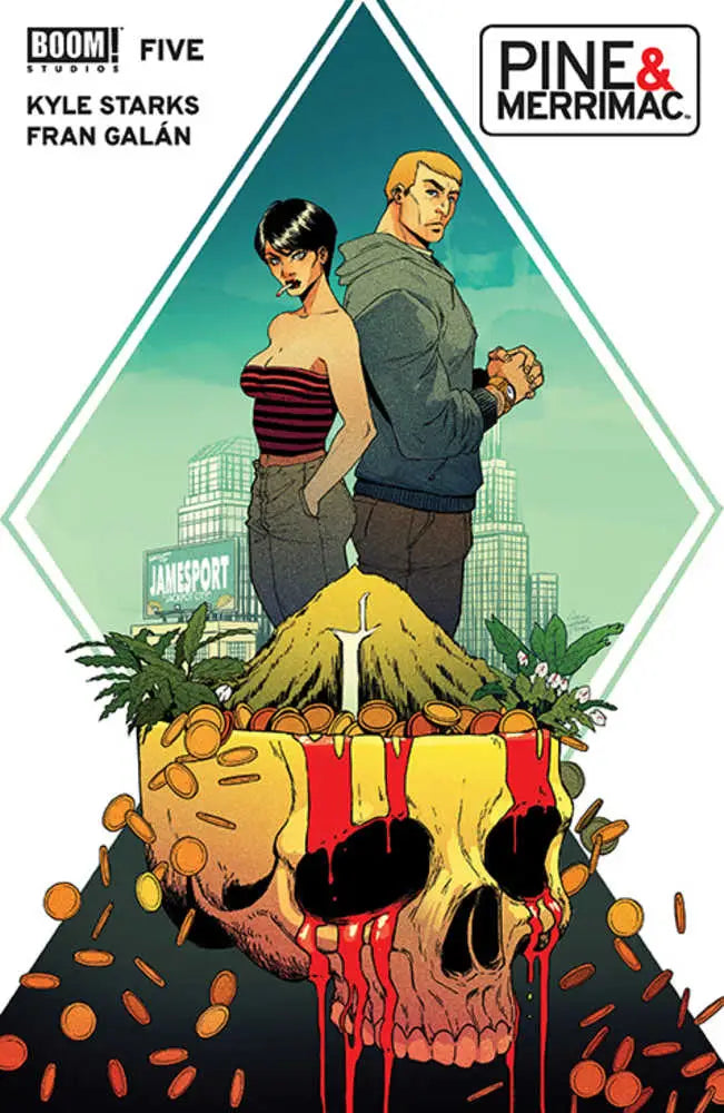 Comic book cover of Pine And Merrimac #5 featuring characters on a red skull, trading cards