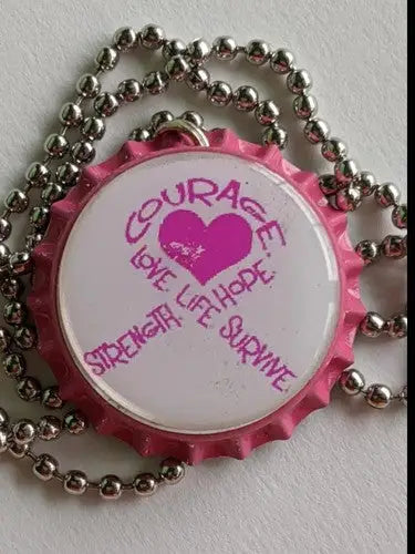 Pink Cancer Ribbon bottlecap pendant necklace - General Merchandise
