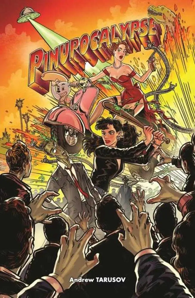 Retro comic book cover by Andrew Tarusov featuring pin-up girls, aliens, zombies in small town America