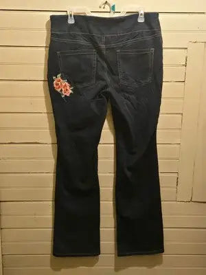 Pioneer Jeans Womens L Pull On Bootcut Embroidered Rose Dark Blue - Apparel