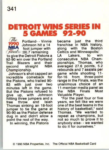 Pistons Win Second Straight NBA Championship! - 1990-91 Hoops - #341a - Basketball Card Single