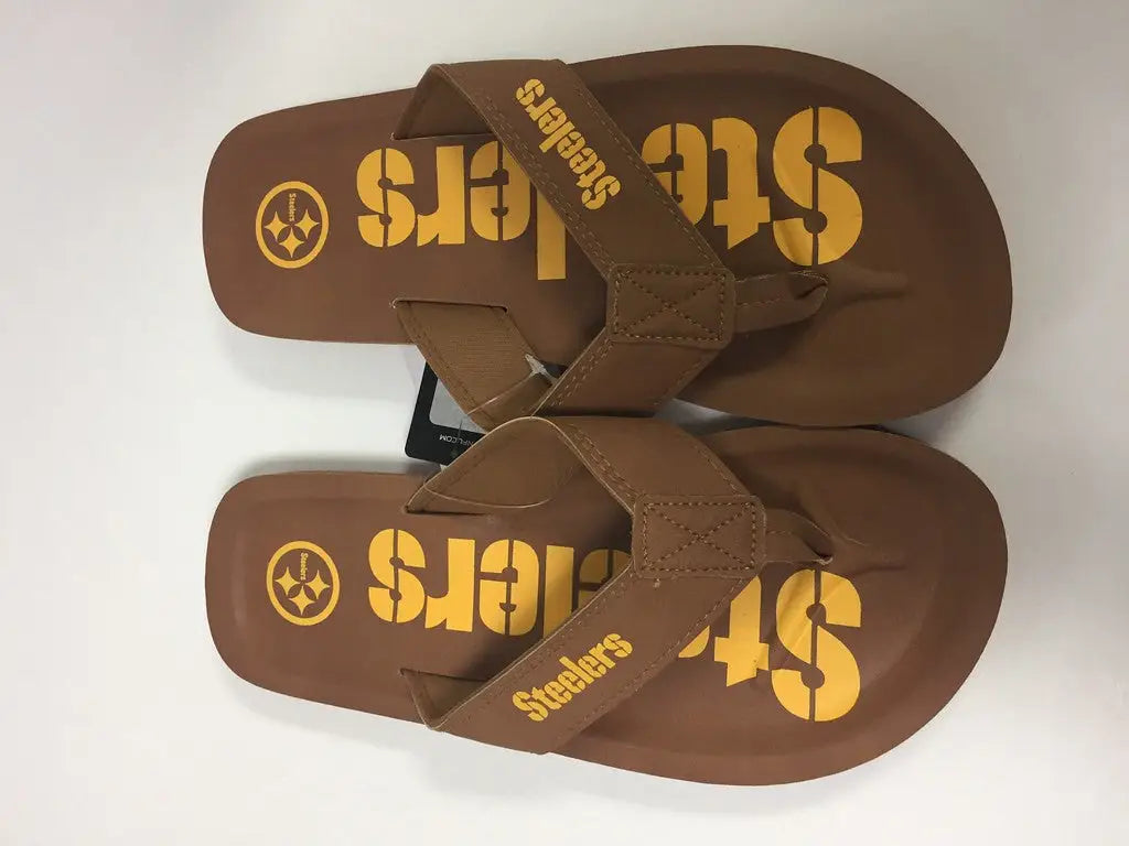 Brown Steelers flip-flops with team logo display and color pop contour design