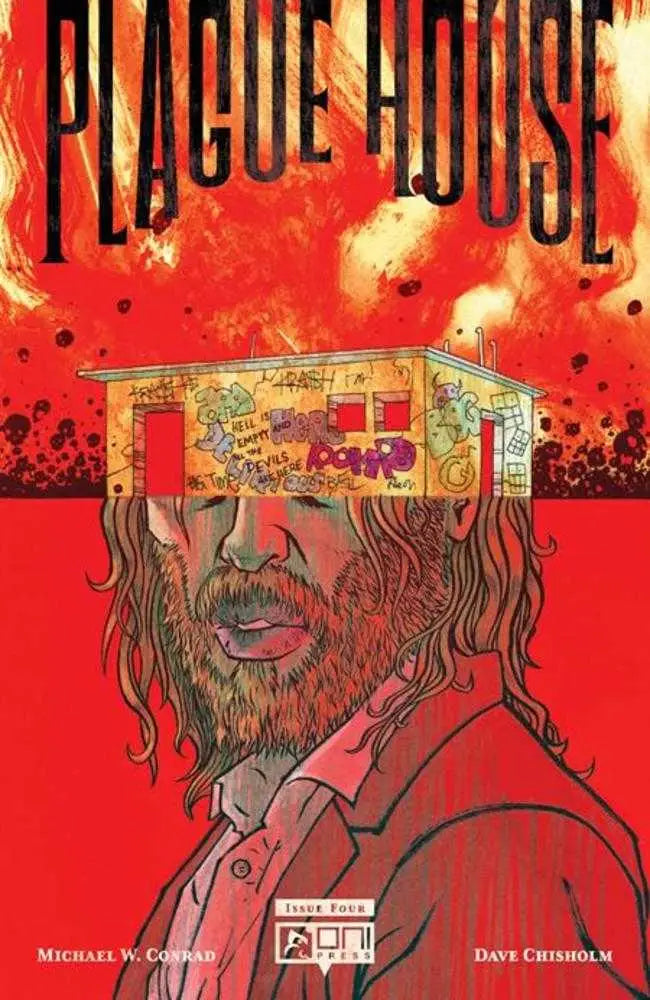 Comic book cover by Dave Chisholm for Plague House depicting a man with a house on his head amidst flames and a red sky