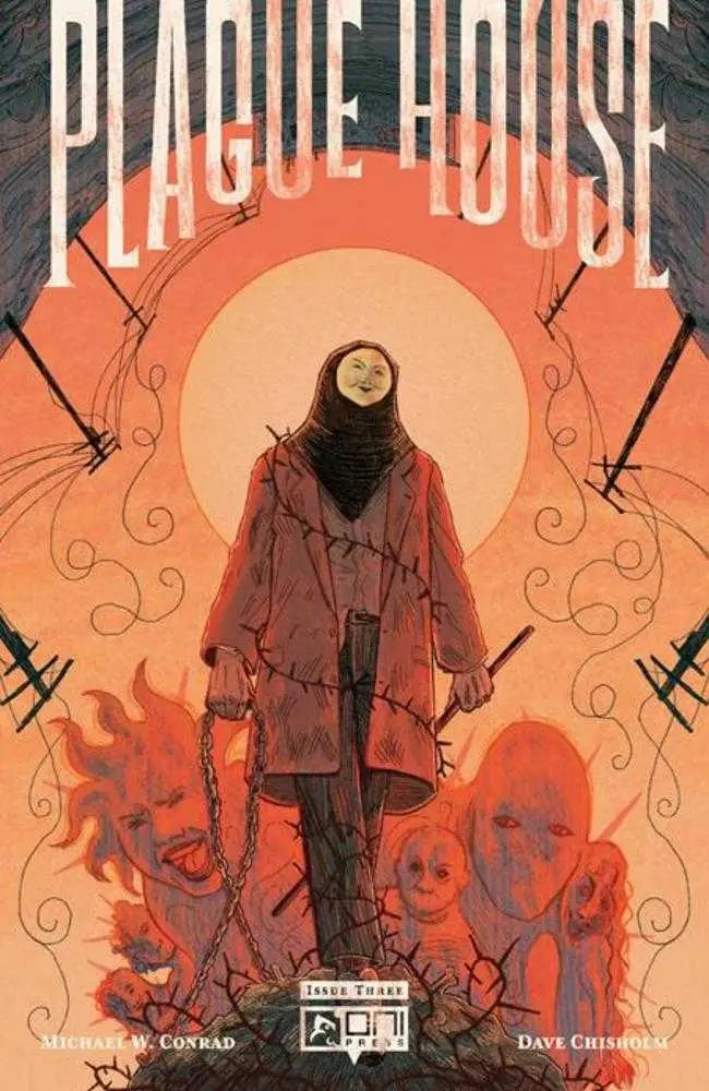 Plague House #4 Cover B Ash Jon Variant comic book cover with cloaked figure and orange sun