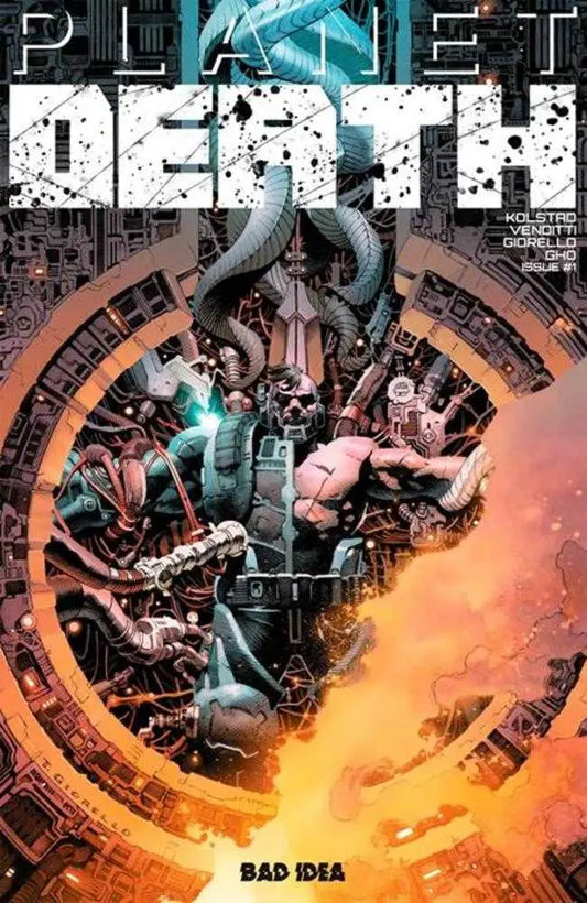Comic book cover of Planet Death #1 by Tomas Giorello featuring a powerful armored figure and futuristic machinery