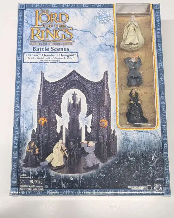 Lord of the Rings Orthanc Chamber battle scene playset with three Rings of Middle-Earth armies figures