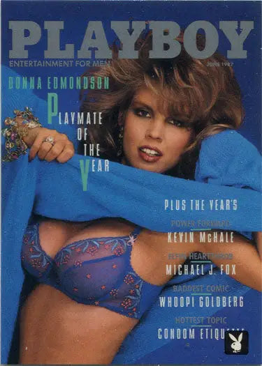 Playboy magazine cover with Donna Edmondson in blue clothing on Chase Card trading cards