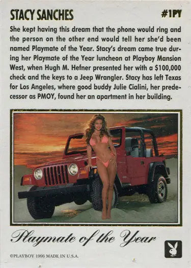 Trading card of Stacy Sanches by a red Jeep Wrangler for Playboy 1996 Chase Card