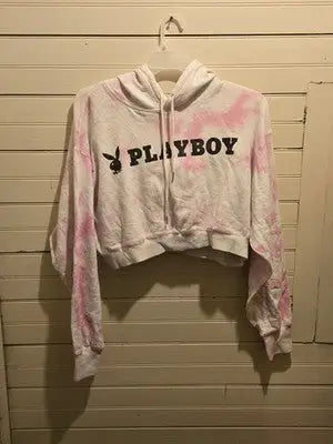 Playboy Hoodie Womens XL Cropped Tie Dye Pink White Logo Pullover Long Sleeve - Apparel