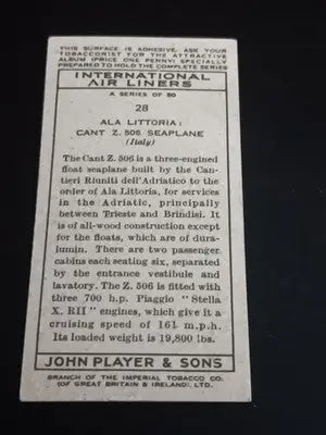 Players Cigarettes International Air Liners #28 ALA Littoria Seaplane card. EX - Non-Sports Card Single