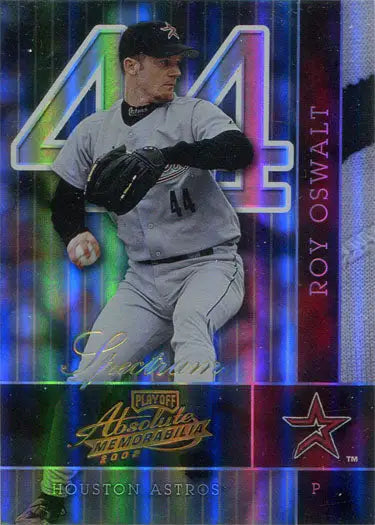 Baseball trading card of Roy Oswalt, Houston Astros pitcher, playoff absolute parallel card