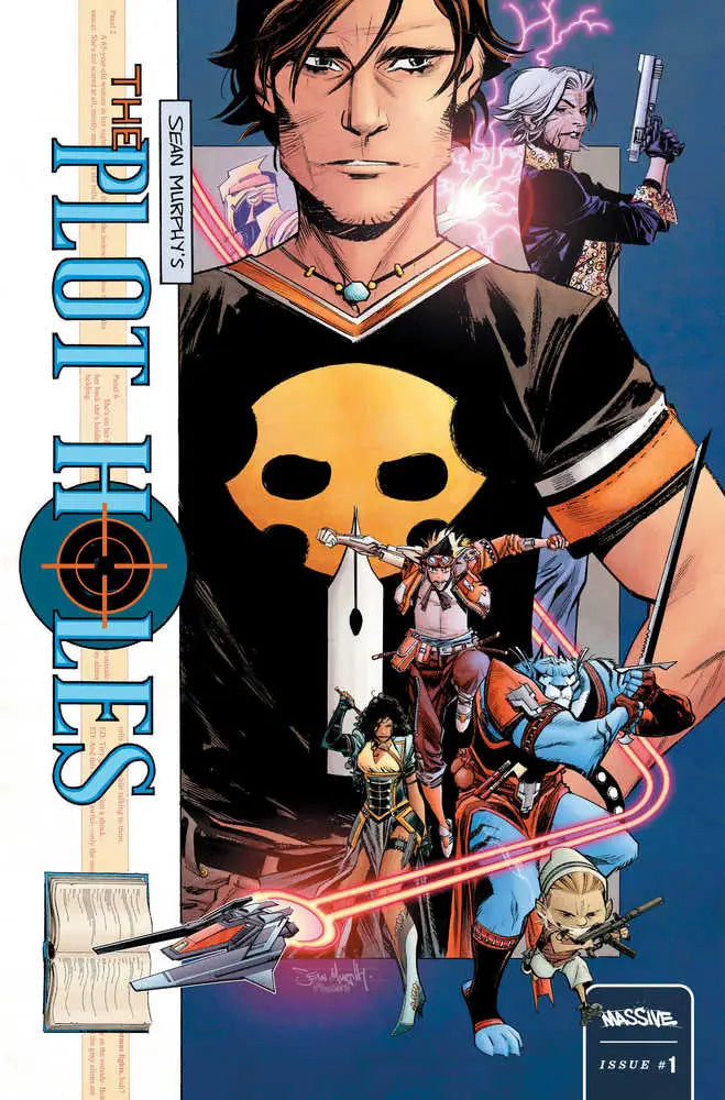 Comic book cover of Plot Holes #1 featuring character in black and orange skull jersey