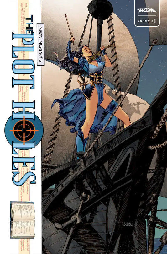 Comic book cover of Plot Holes #1 featuring a character in blue climbing ropes