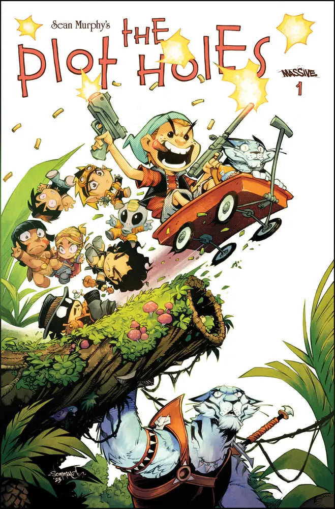 Comic book cover of Plot Holes featuring cartoon characters in a red car