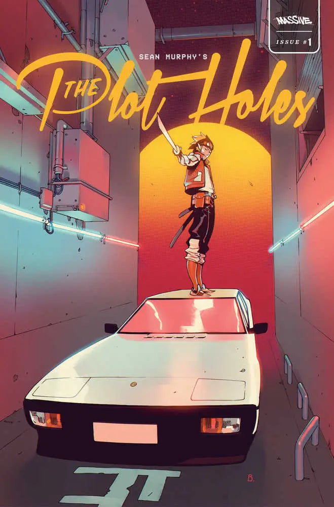 Comic book cover of Plot Holes #1 featuring a character atop a retro sports car