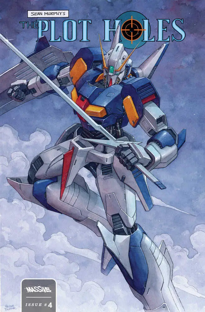 Sleek blue and orange mecha robot in flight showcasing a clever plan for Plot Holes comic