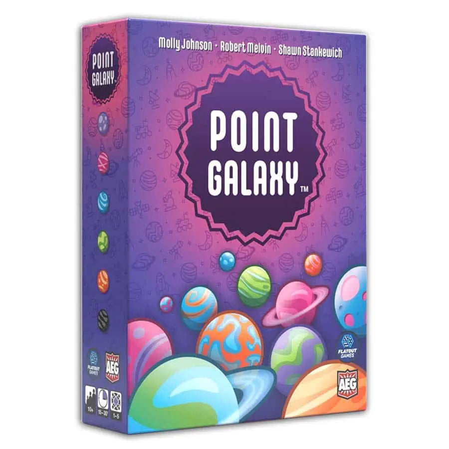 Point Galaxy board game box with a colorful space theme, featuring a unique double-sided design