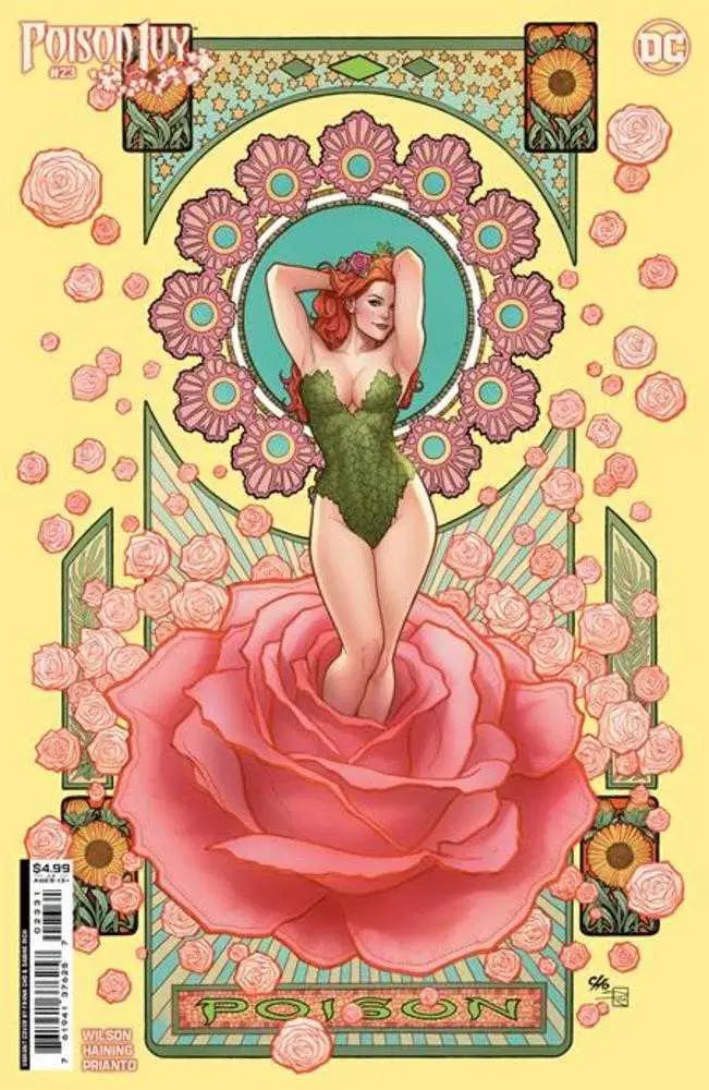 Poison Ivy cover featuring a figure in a green bodysuit and pink rose artwork