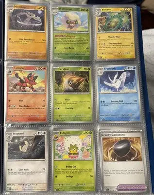 Binder page filled with nine Pokémon trading cards from the Pokémon 36 Trading Cards Binder Collection