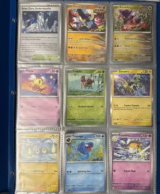 Binder page filled with nine Pokémon trading cards from the Pokémon 36 Trading Cards Binder Collection