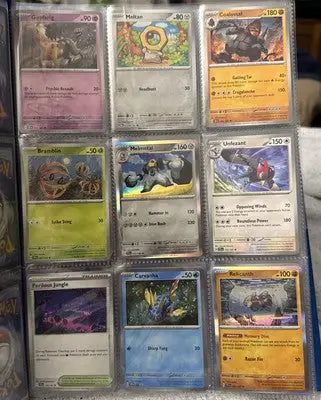 Binder page filled with nine Pokémon trading cards from the Pokémon 36 Trading Cards Binder Collection