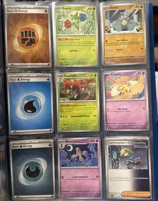 Binder page filled with nine Pokémon trading cards from the Pokémon 36 Trading Cards Binder Collection