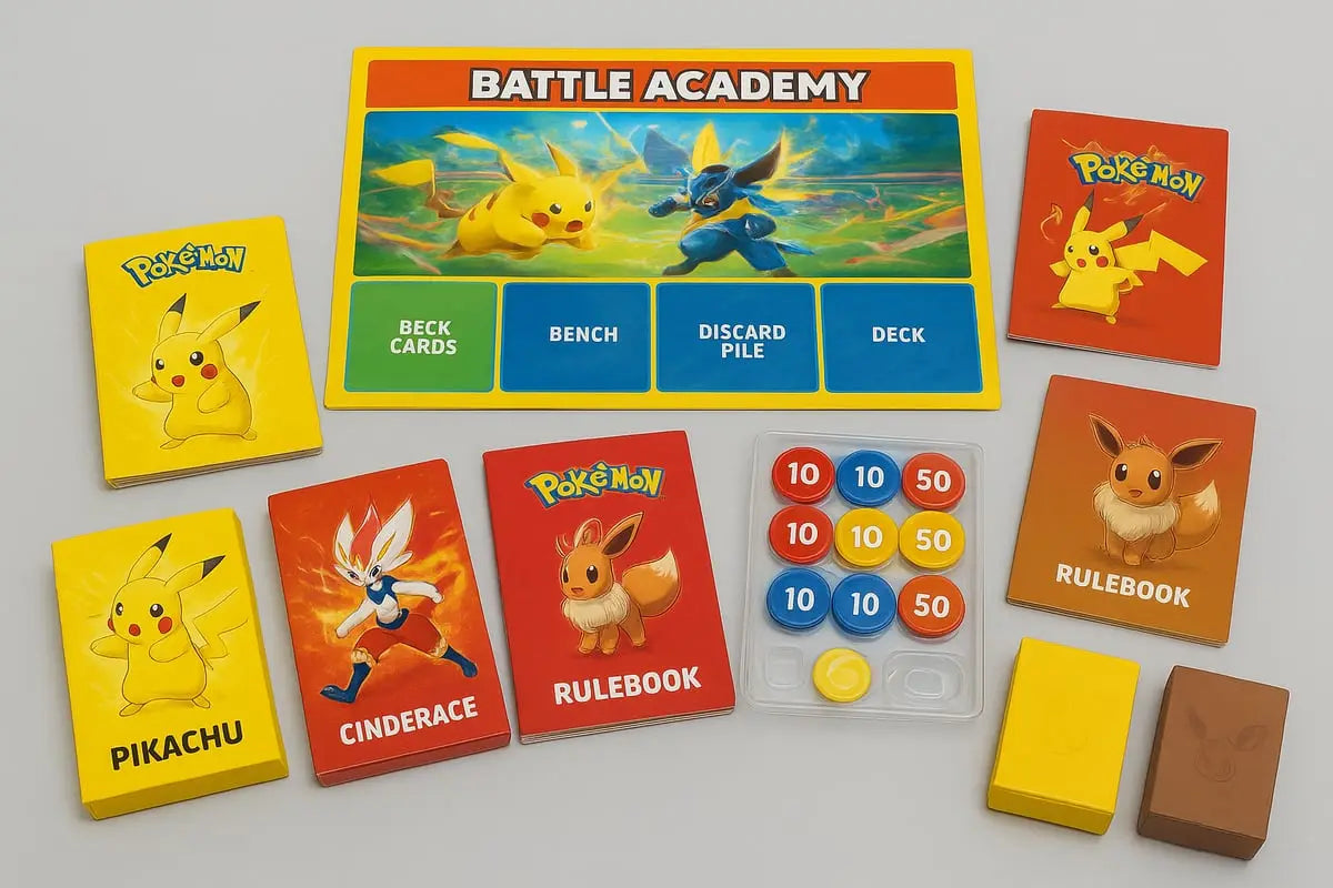 Pokemon Battle Academy board with Pikachu and Lucario backdrop