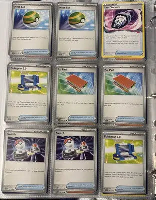 Pokémon card binder collection with nine Trainer cards displayed in a spacious binder collection