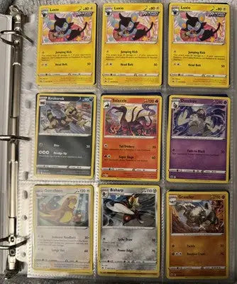 Image of a card binder collection with various collectible Pokémon cards in a binder