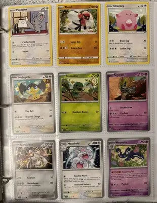 Image of a card binder collection with nine Pokémon trading cards inside