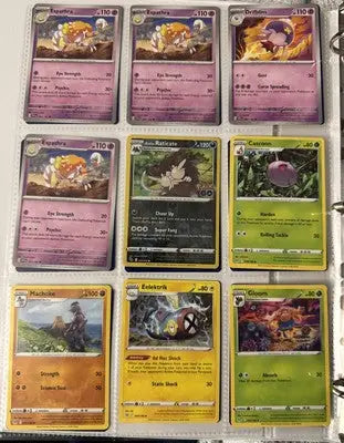 Pokémon card binder collection with multiple trading cards displayed in a binder page