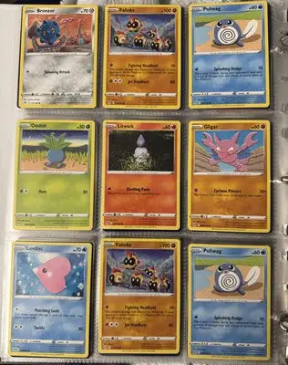 Pokémon card binder collection with nine trading cards displayed in a binder