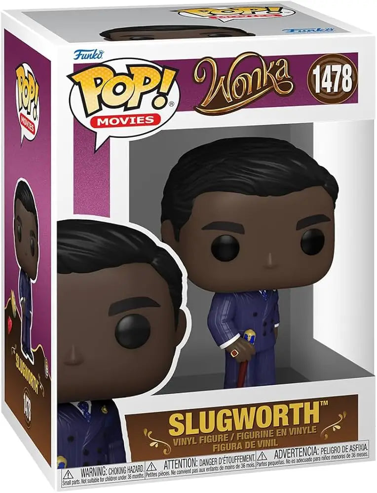 Funko Pop Slugworth vinyl figure in navy suit from Wonka, perfect for trading cards collectors