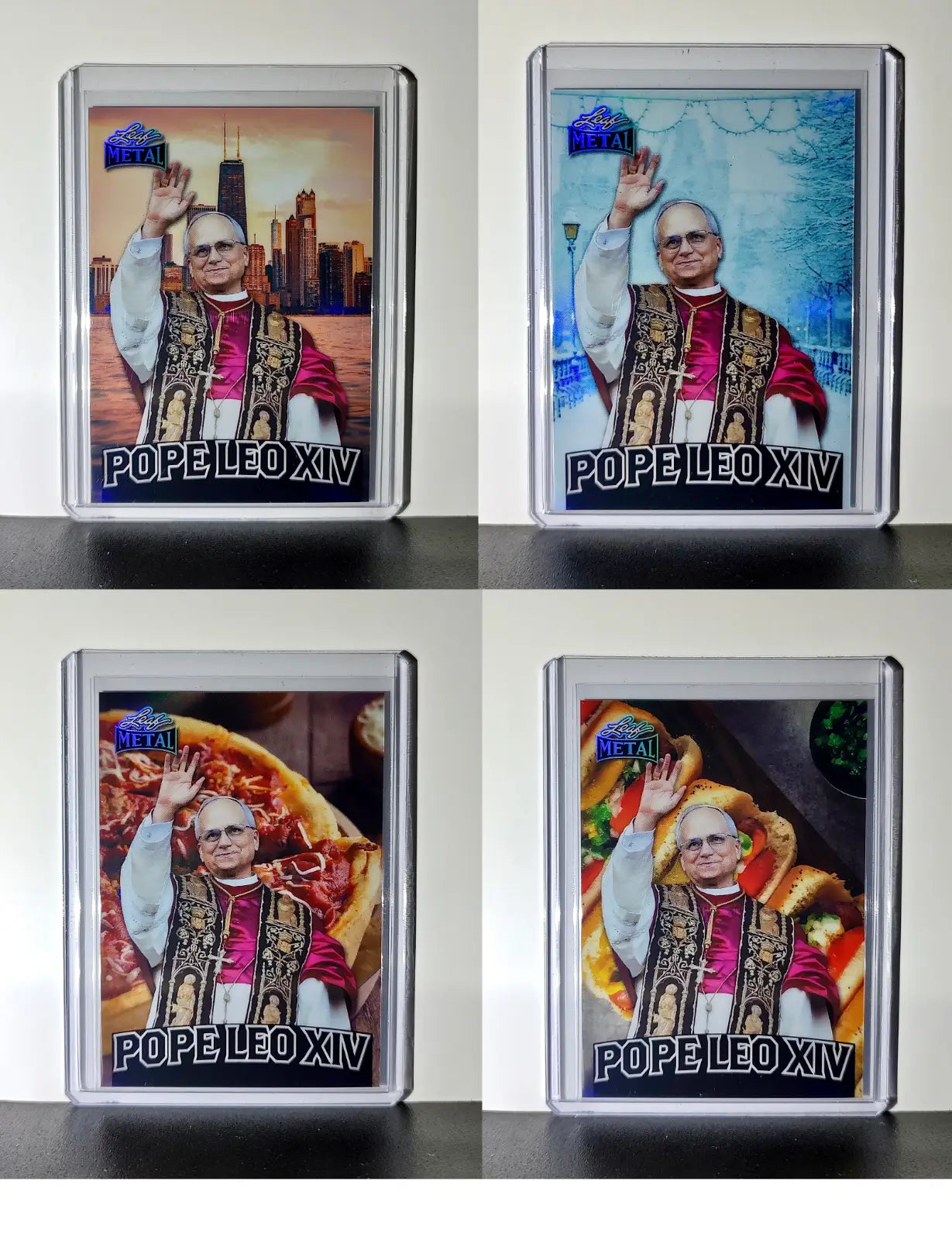 Pope Leo XIV Leaf Metal Cards Set of 4 Pizza / Hot Dog / Skyline / Snow Variants - Other