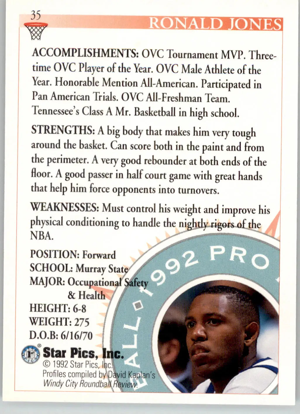 Popeye Jones - 1992 Star Pics - #35 - Basketball - Basketball Card Single