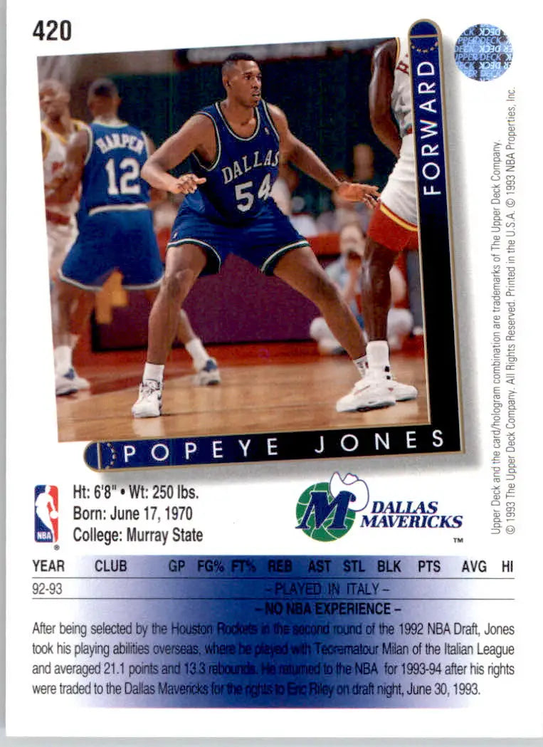 Popeye Jones - 1993-94 Upper Deck - #420 - RC Basketball - Basketball Card Single