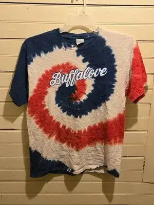 Port & Company T-Shirt Mens M Tie Dye Spiral Red White Blue Buffalove Crewneck - Apparel