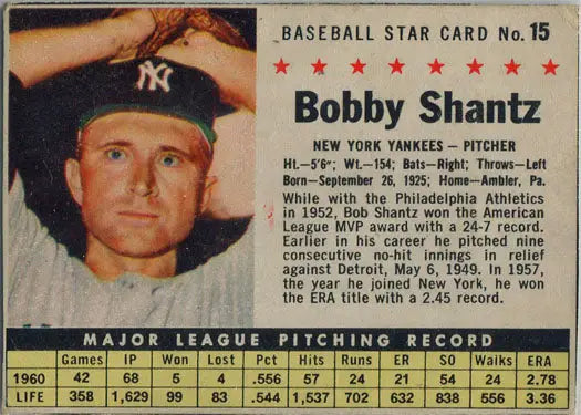 Vintage Post Cereal trading card of Bobby Shantz, New York Yankees pitcher from 1961