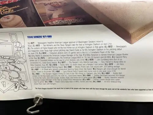Texas Rangers history poster featuring Nolan Ryan memorabilia and baseball cards