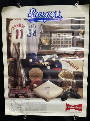 Texas Rangers memorabilia poster featuring history and Nolan Ryan baseball cards 1971-1989