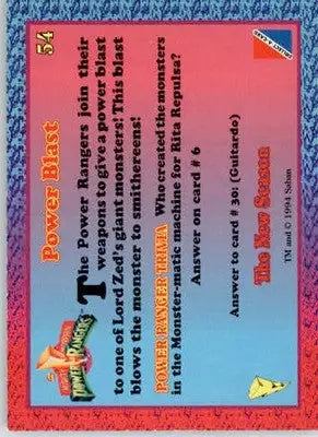 Power Blast - 1995 Collect-A-Card Power Rangers The New Season Hobby - #54 - Non-Sports Card Single