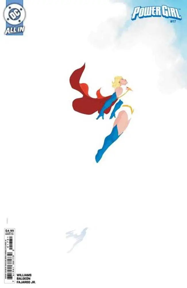 Power Girl in blue and white costume with red cape soaring on Power Girl trading card