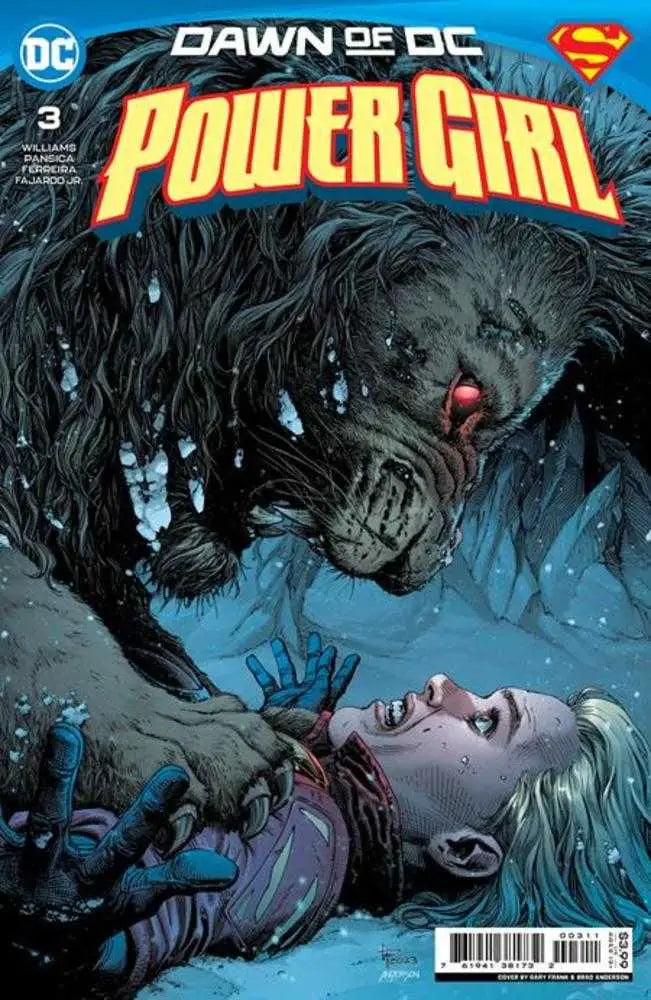 Comic book cover of Power Girl #3 by Gary Frank featuring a dark creature with red eyes