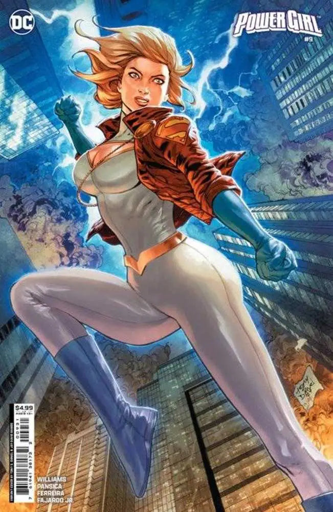 Power Girl in a dynamic pose on the Power Girl #9 trading card variant cover