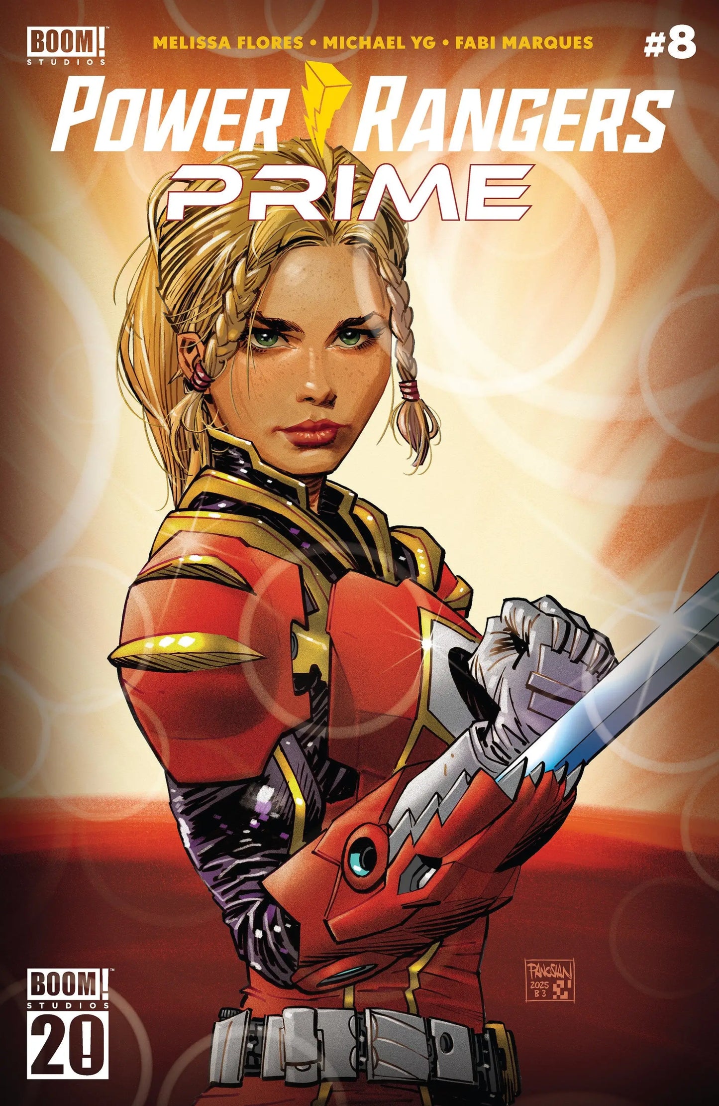 Comic book featuring female Power Ranger in red and gold armor from Power Rangers Prime series