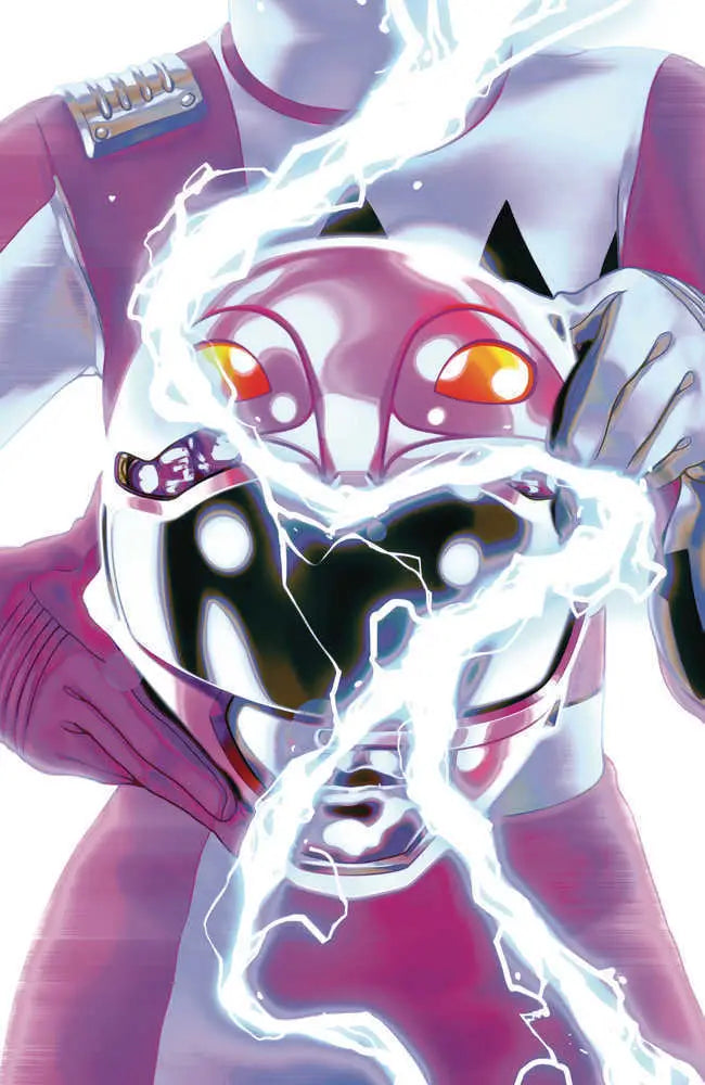 Pink and white Power Rangers Unlimited Morphin Masters helmet with glowing eyes and electrical effects