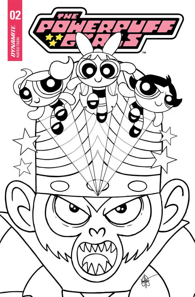 Black and white line art of Mojo Jojo’s angry monkey head with Powerpuff Girls