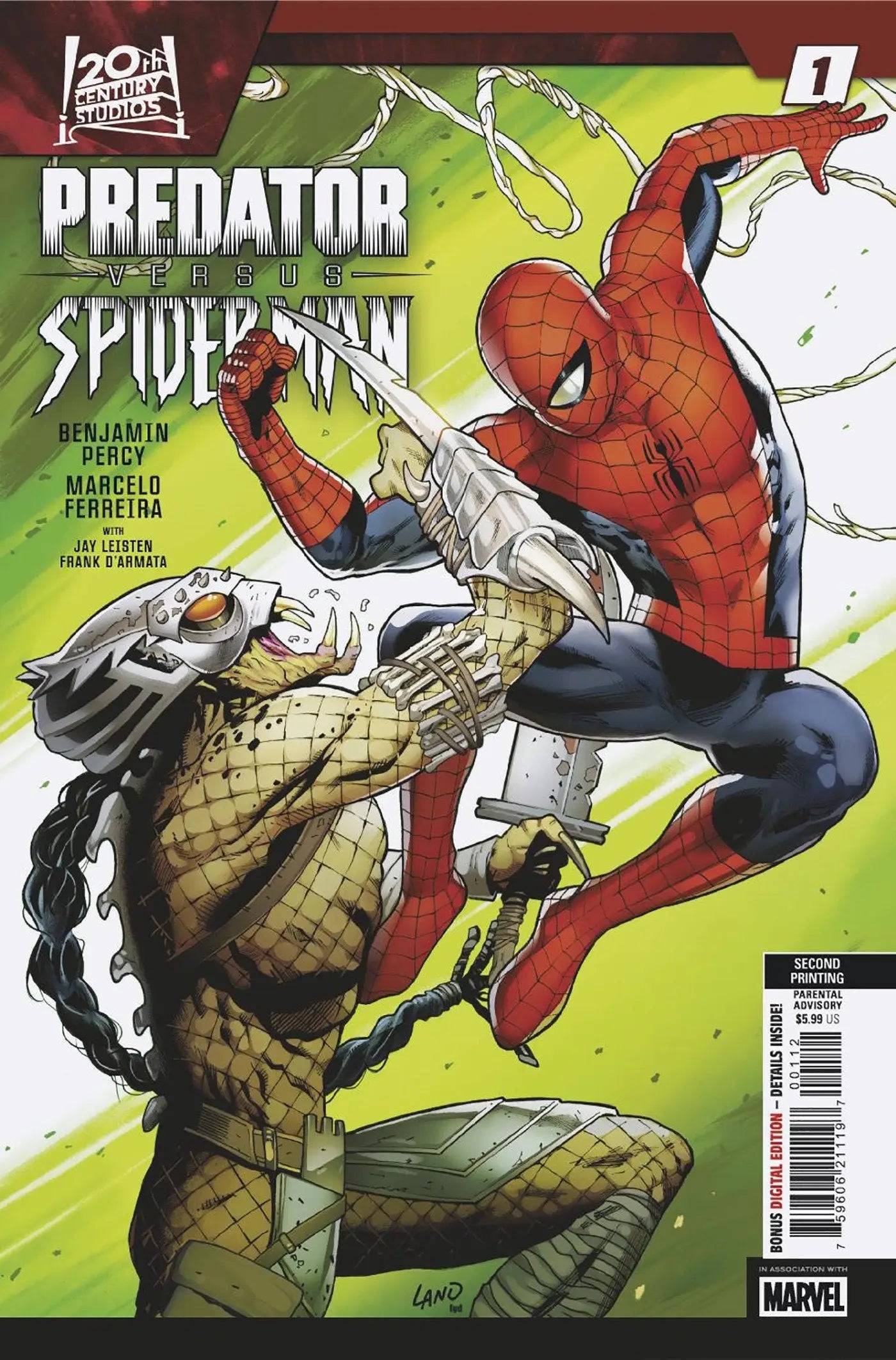 Comic book cover featuring Spider-Man battling a Predator from Greg Land 2nd print variant