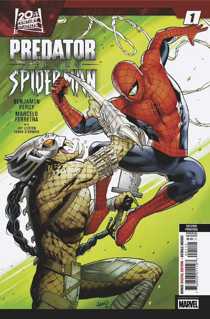 Comic book cover featuring Spider-Man battling a Predator from Greg Land 2nd print variant
